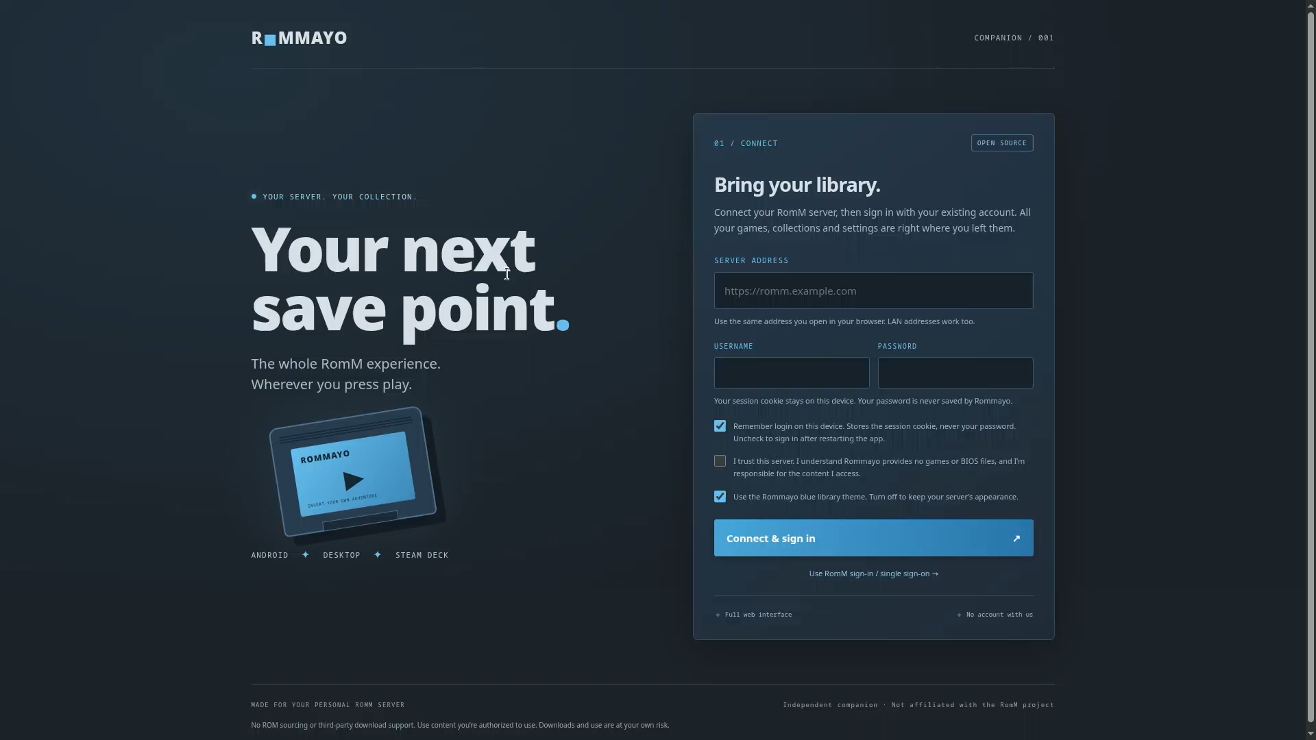 Rommayo setup screen captured on a physical Steam Deck